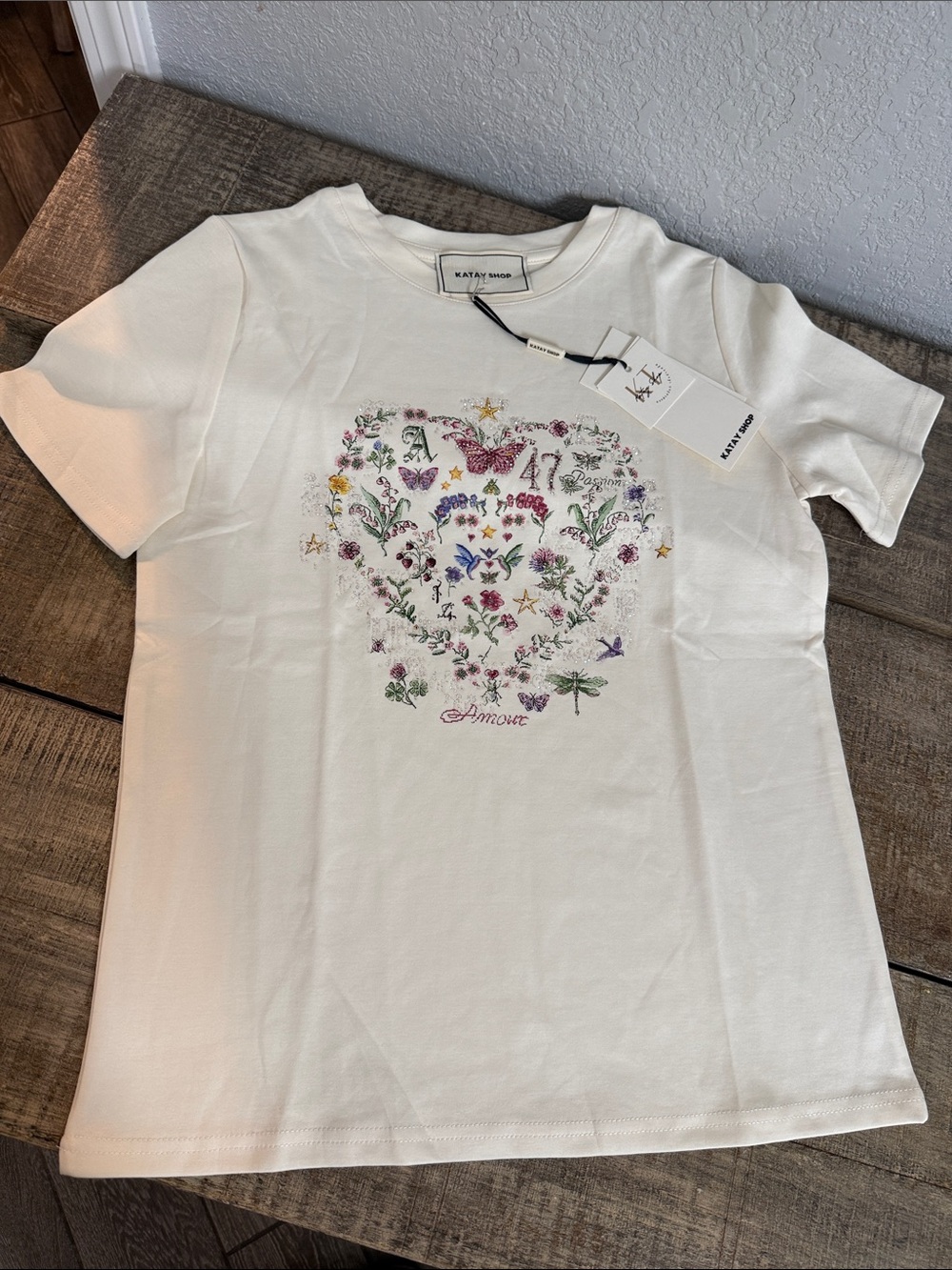 Cream  Floral Heart Graphic Stretch Tee